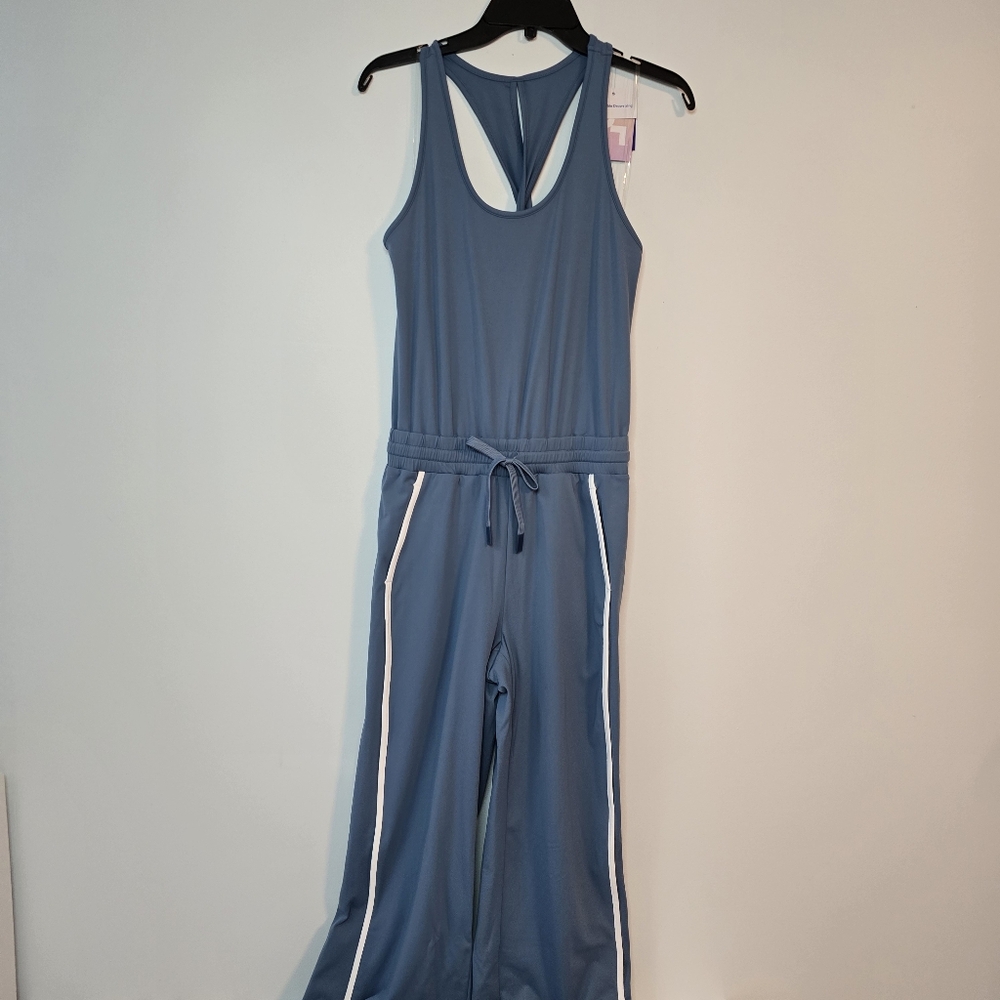 JoyLab Piped Tank Jumpsuit Sleeveless Small Blue White Relaxed Fit - Picture 2 of 13